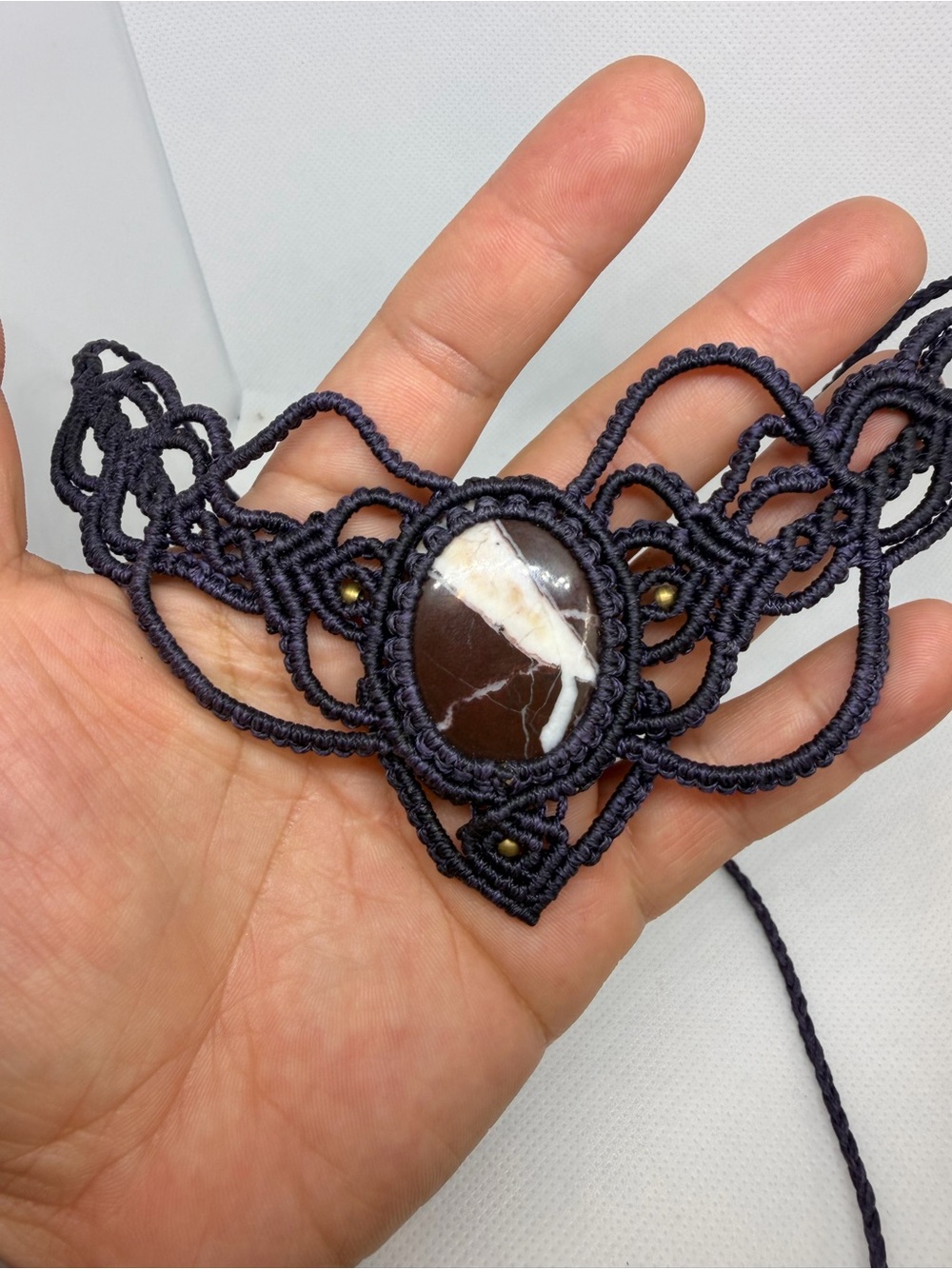 Handmade Purple Macramé Necklace with Breacciate Jasper Stone Center